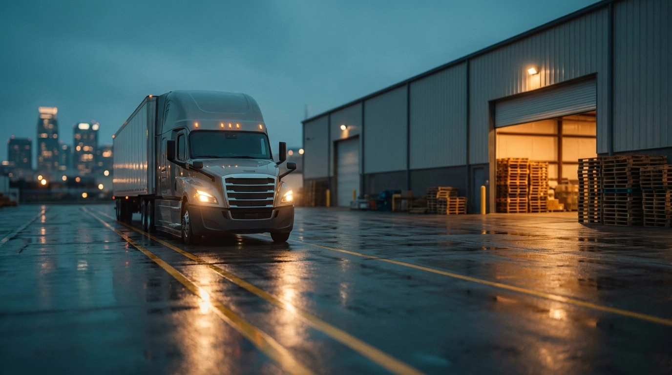 Semi-truck at a logistics terminal