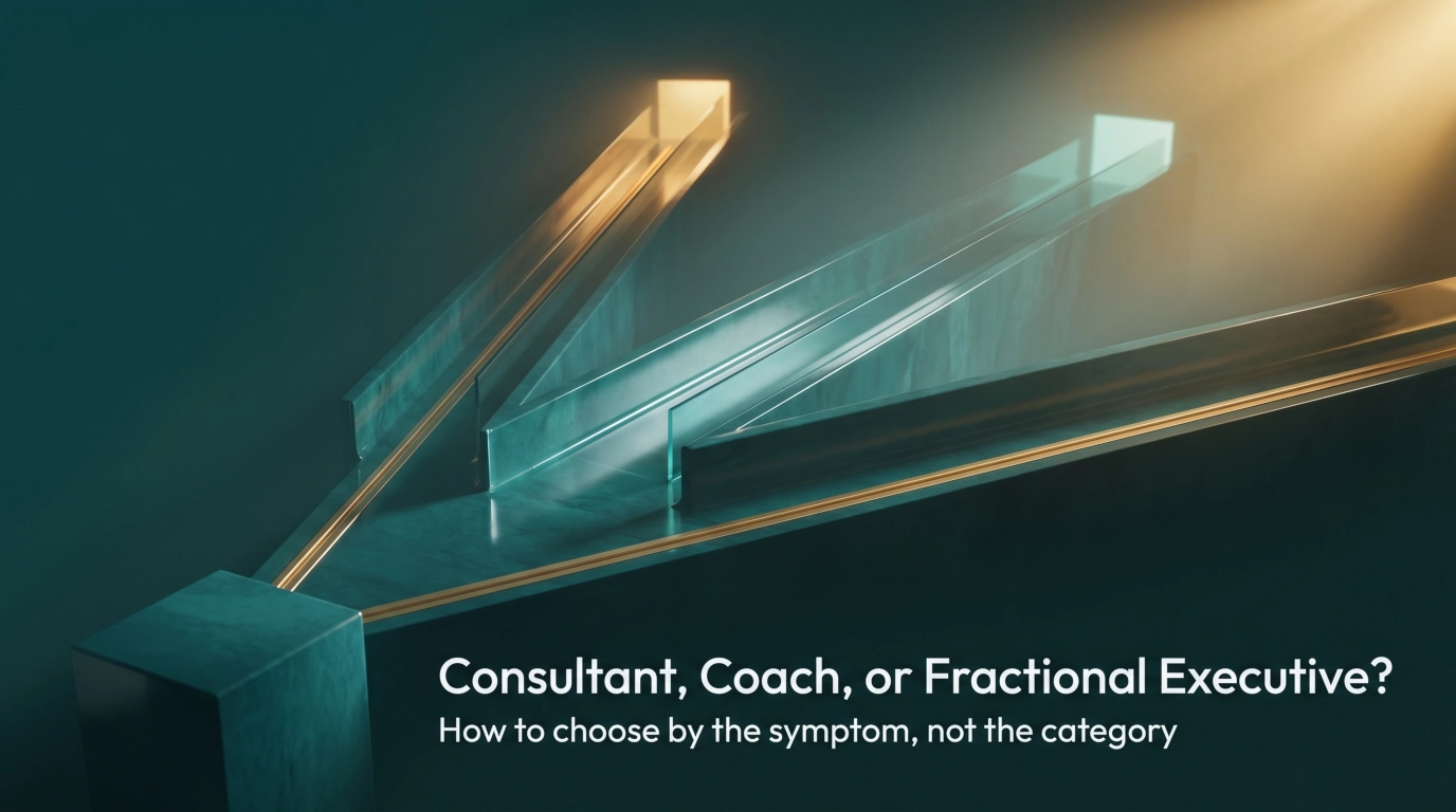 Three diverging architectural pathways representing the choice between management consultant, business coach, and fractional executive